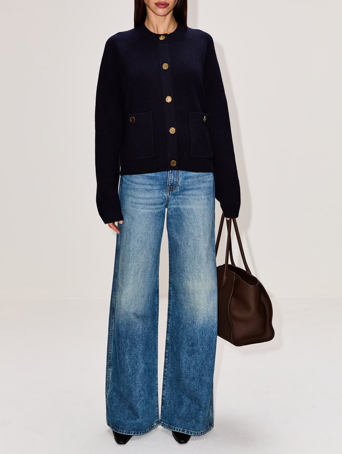 Hammered Button Cardigan,TOTÉME,NAVY,Image 1