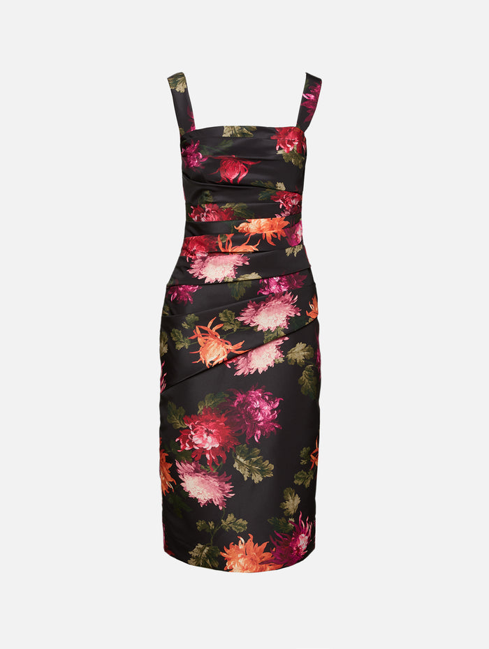 Draped Midi Dress,CAROLINA HERRERA,BLACK MULTI,Image 1