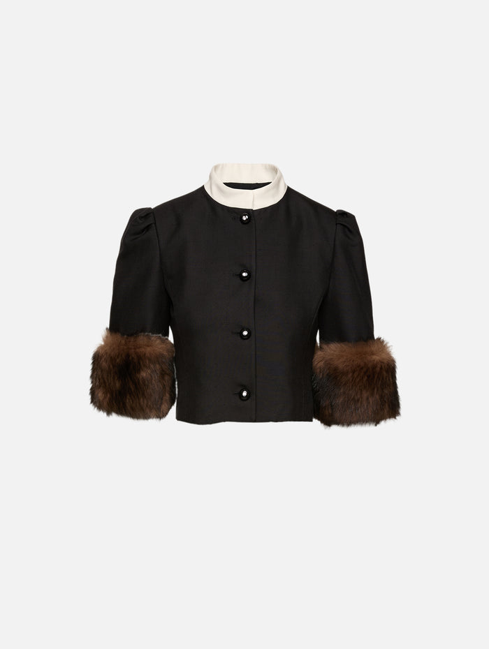 SS Fur Button Up Jacket,VALENTINO GARAVANI,NERO/MULTI,Image 1