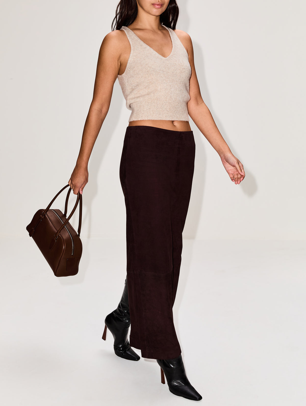 Suede Column Skirt,ST AGNI,COFFEE,Image 3