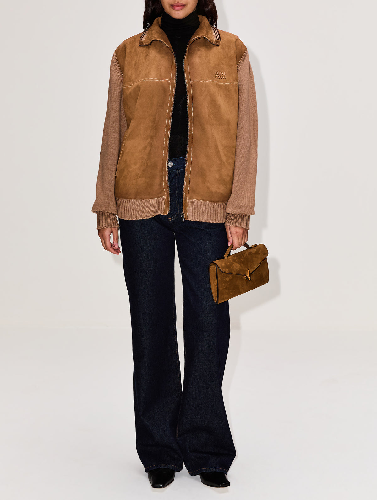 Suede Zip Up Jacket,MIU MIU,CAMMELLO,Image 2