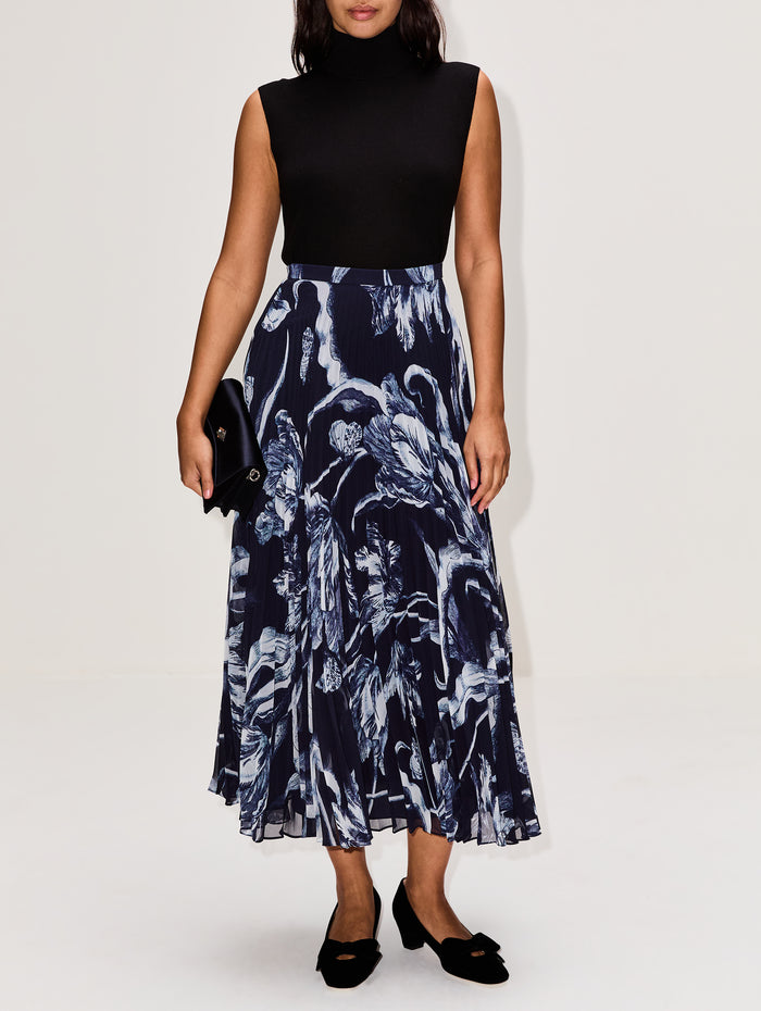 Pleated Midi Skirt,ERDEM,BOTANICAL MIDNI,Image 1
