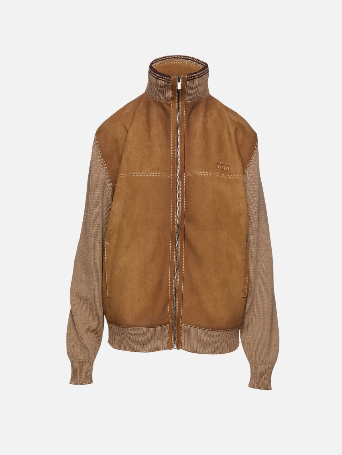 Suede Zip Up Jacket,MIU MIU,CAMMELLO,Image 1