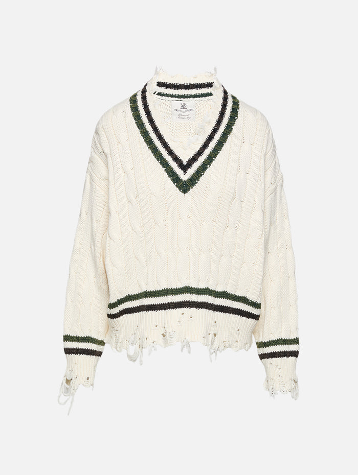 Cropped Cable Tennis Sweater,DENIMIST,CREAM/BLACK/GREEN,Image 1