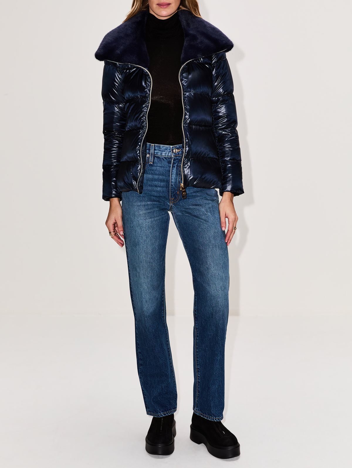Faux Fur Collar Jacket,HERNO,BLUE,Image 2