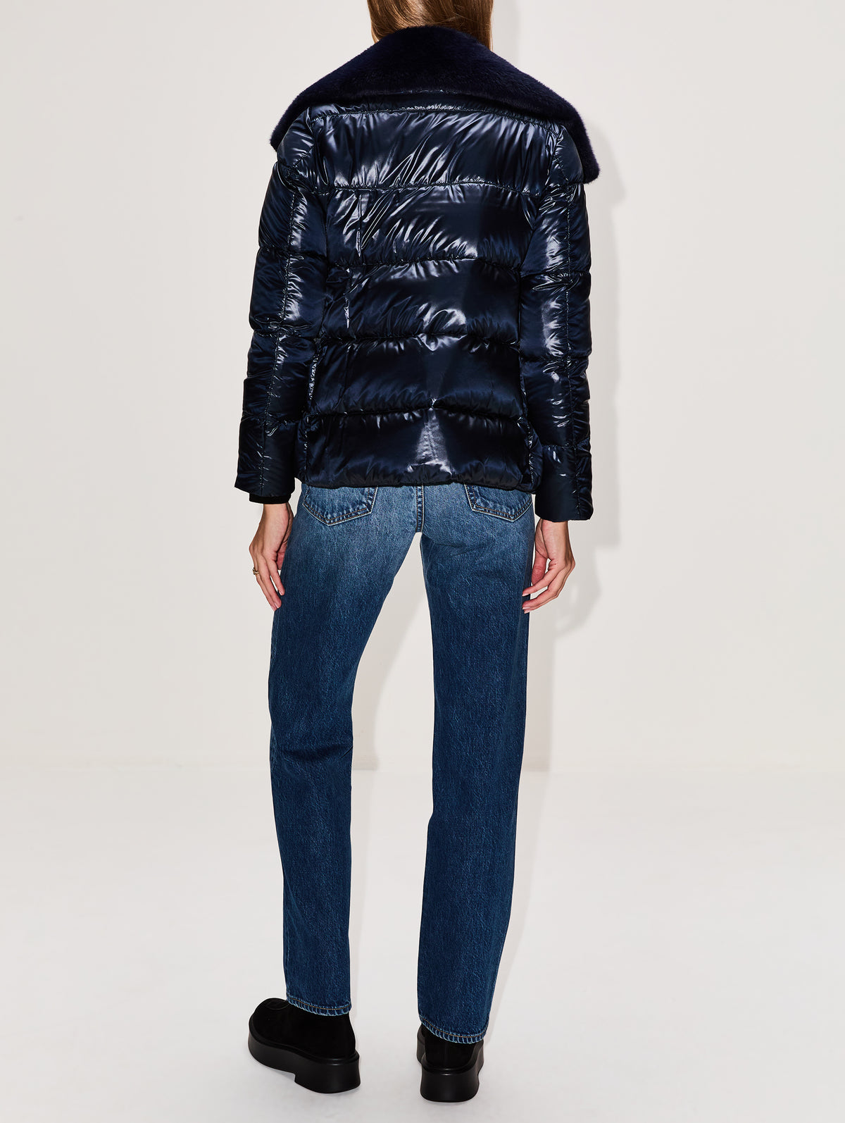 Faux Fur Collar Jacket,HERNO,BLUE,Image 3