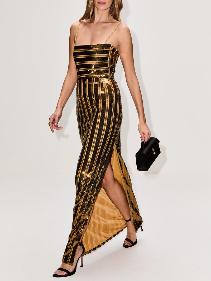 galvan stargaze striped sequin midi dress GALVAN Stargaze striped sequined tulle maxi dress