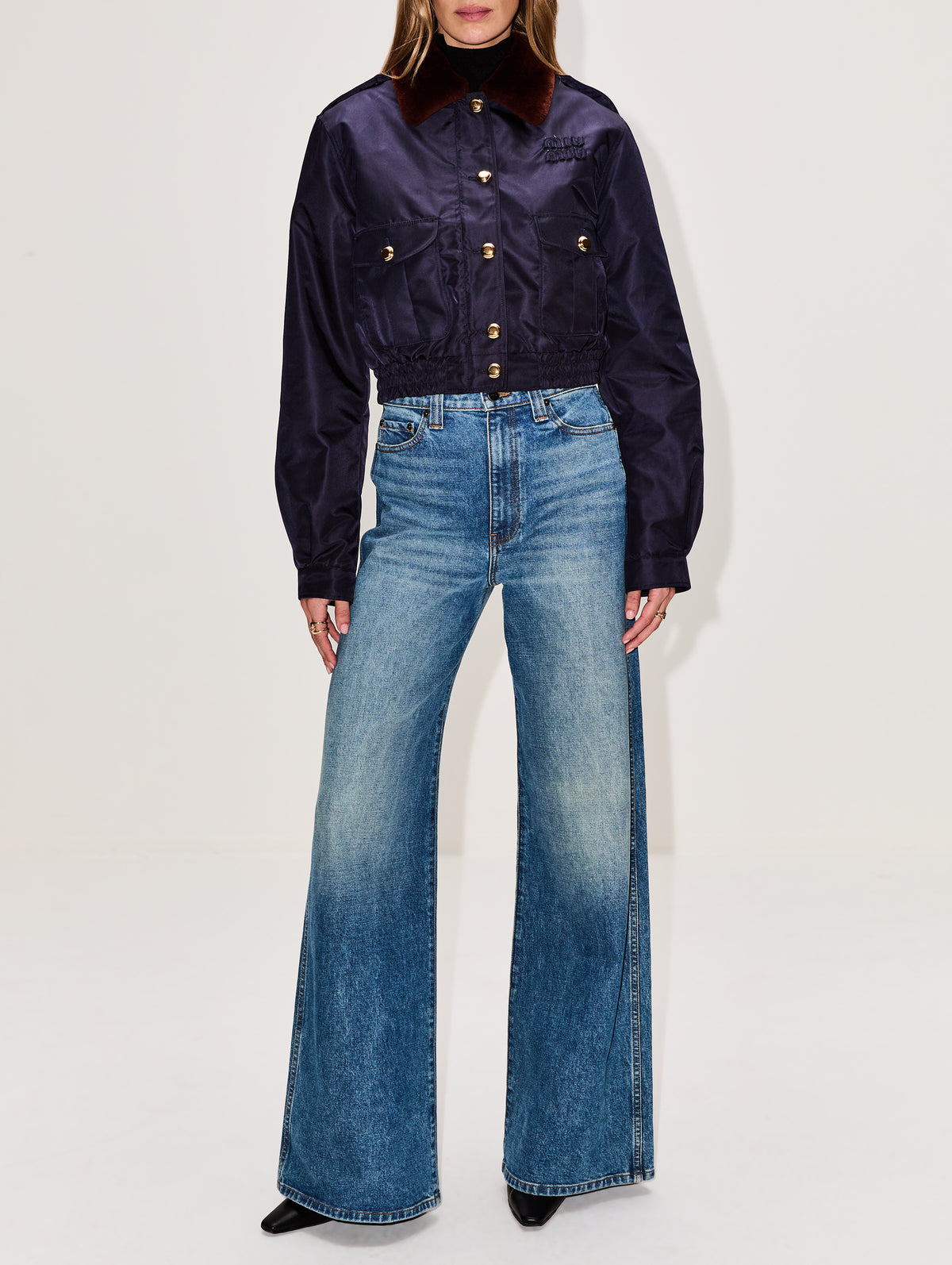 Shearling Collar Jacket,MIU MIU,BLUE,Image 2