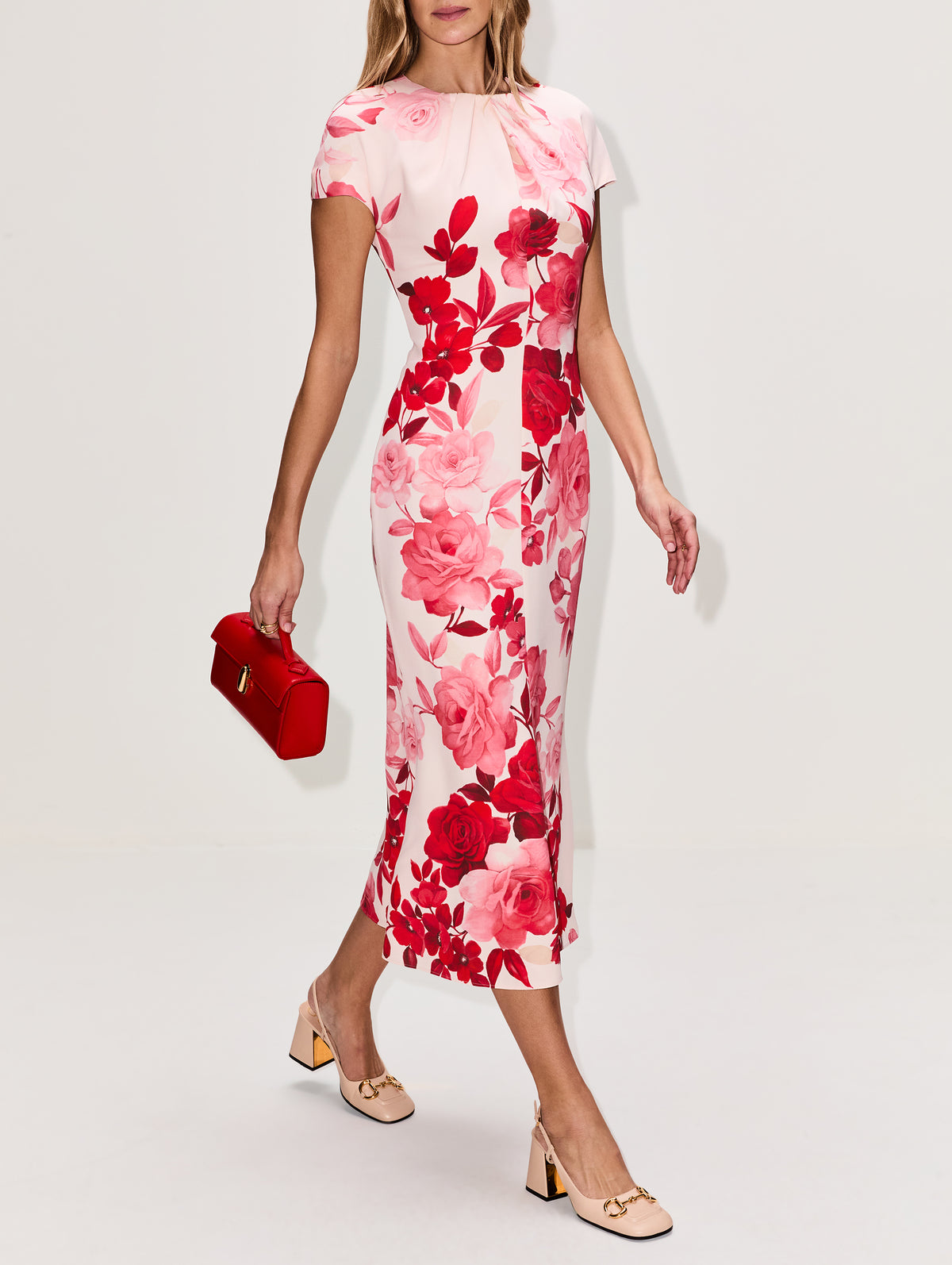Draped Neckline Dress,MONIQUE LHUILLIER,POWDER PINK MULTI,Image 3
