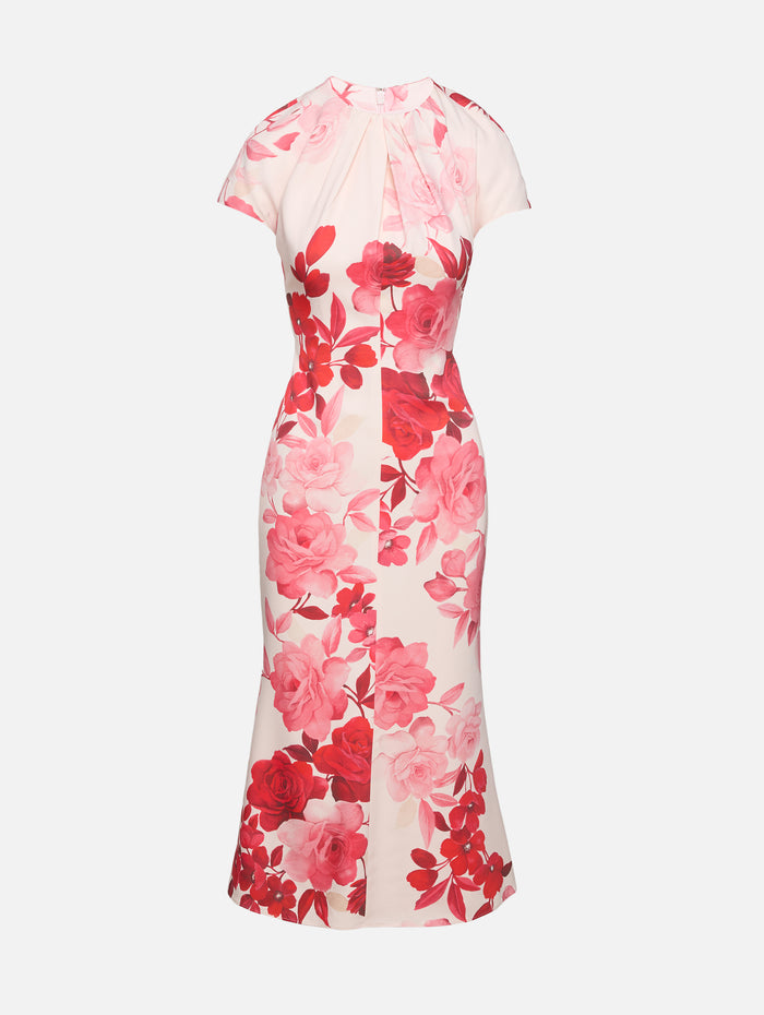 Draped Neckline Dress,MONIQUE LHUILLIER,POWDER PINK MULTI,Image 1
