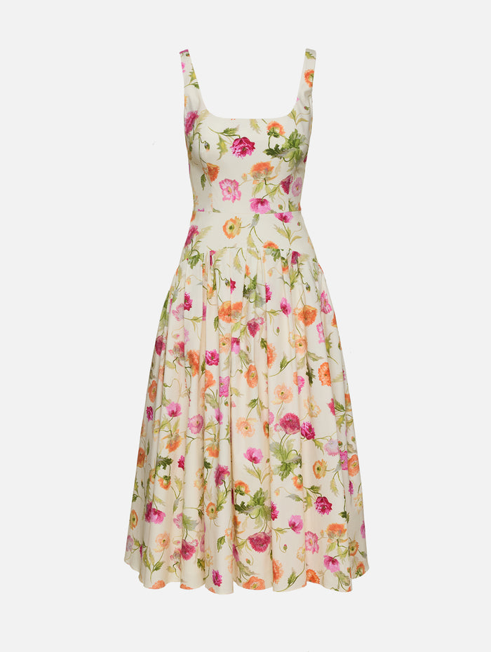 Sleeveless Poppy Print Dress,CAROLINA HERRERA,ALMOND MULTI,Image 1