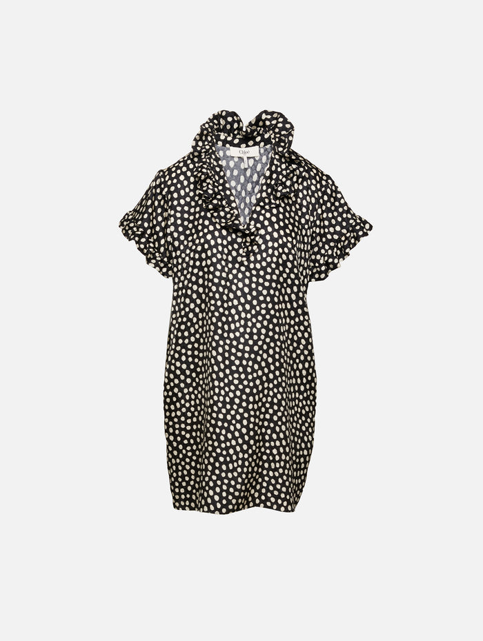 Polka Dot High Neck Dress,CHLOÉ,BLACK/BEIGE,Image 1