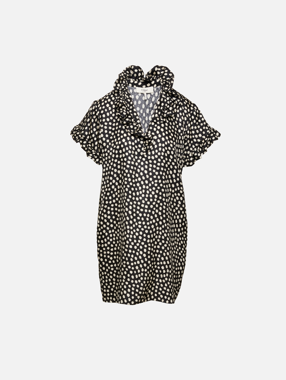 Polka Dot High Neck Dress,CHLOÉ,BLACK/BEIGE,Image 1