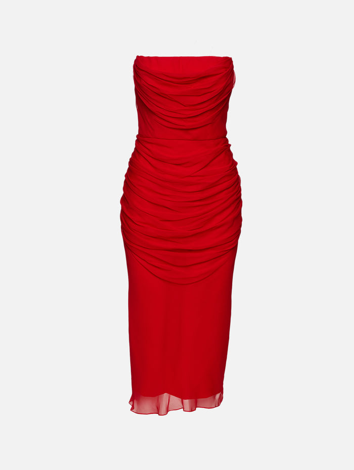 Strapless Draped Midi Dress,CAROLINA HERRERA,HERRERA RED,Image 1