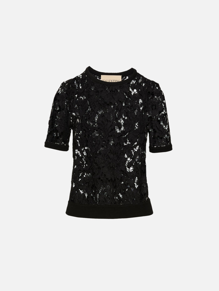 Lace Short Sleeve Top,VALENTINO GARAVANI,BLACK,Image 1