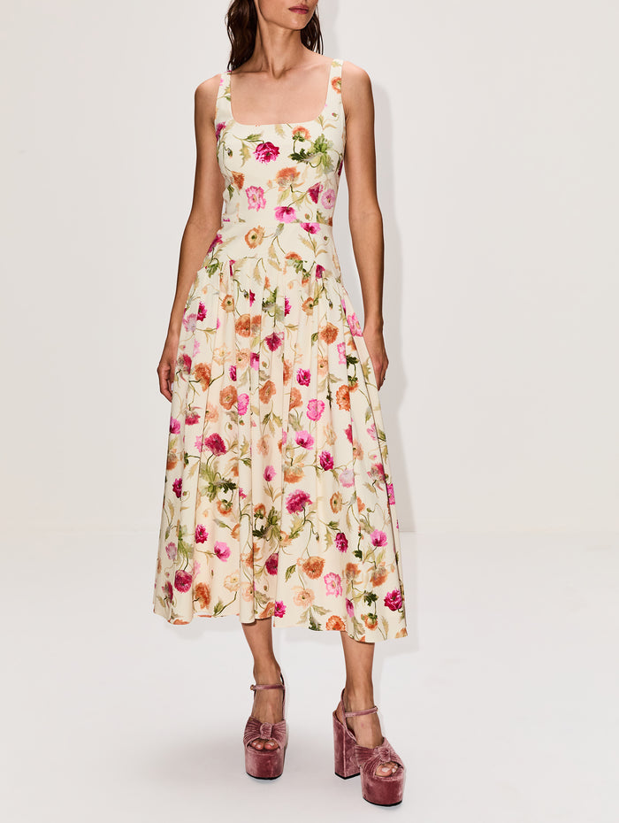 Sleeveless Poppy Print Dress,CAROLINA HERRERA,ALMOND MULTI,Image 1