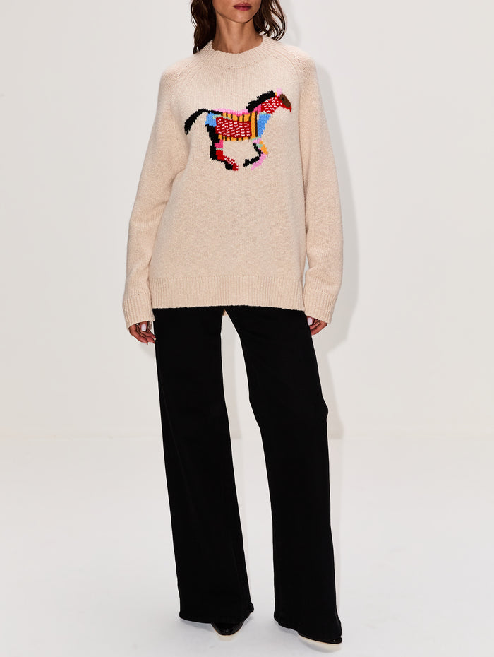 Glacier Horse Crew Sweater,THE ELDER STATESMAN,ECRU,Image 1