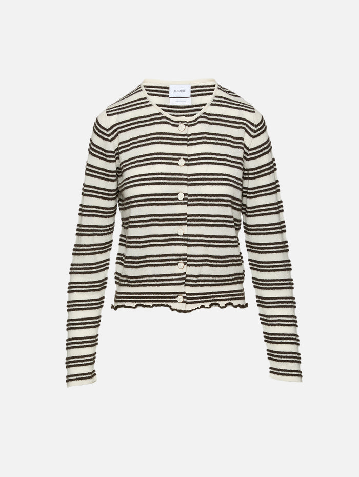 Seersucker Cardigan,BARRIE KNITWEAR,CHANTILLY STRIPES DARK MALT,Image 1