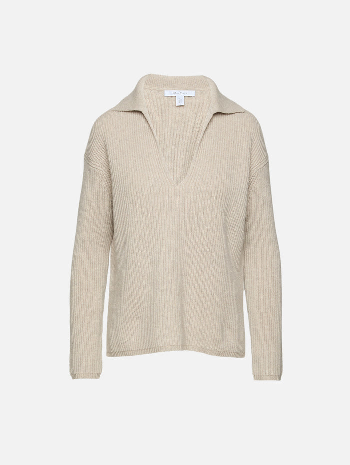 V Neck Collared Sweater,MAX MARA,BEIGE MELANGE,Image 1