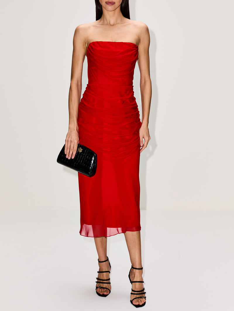 CAROLINA HERRERA | Women's | Strapless Draped Midi Dress | HERRERA RED Dress COCKTAIL | Size US 4 CAROLINA HERRERA | Women's | Strapless Draped Midi Dress | HERRERA RED Dress COCKTAIL | Size US 4
