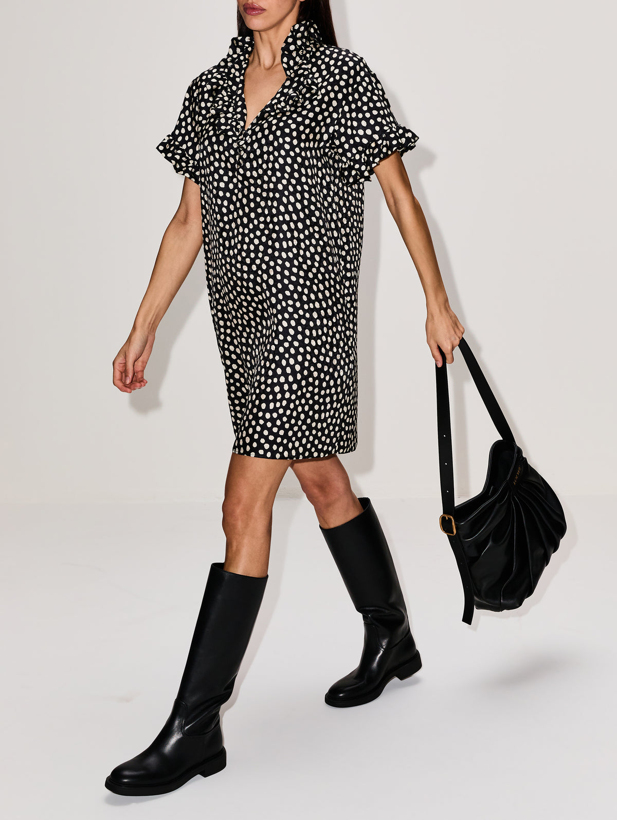 Polka Dot High Neck Dress,CHLOÉ,BLACK/BEIGE,Image 3