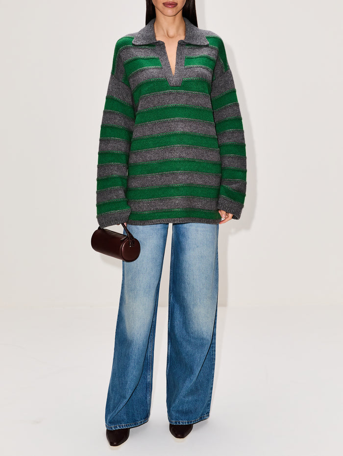 Dume Stripe Rugby Sweater,THE ELDER STATESMAN,FERN GRANITE,Image 1