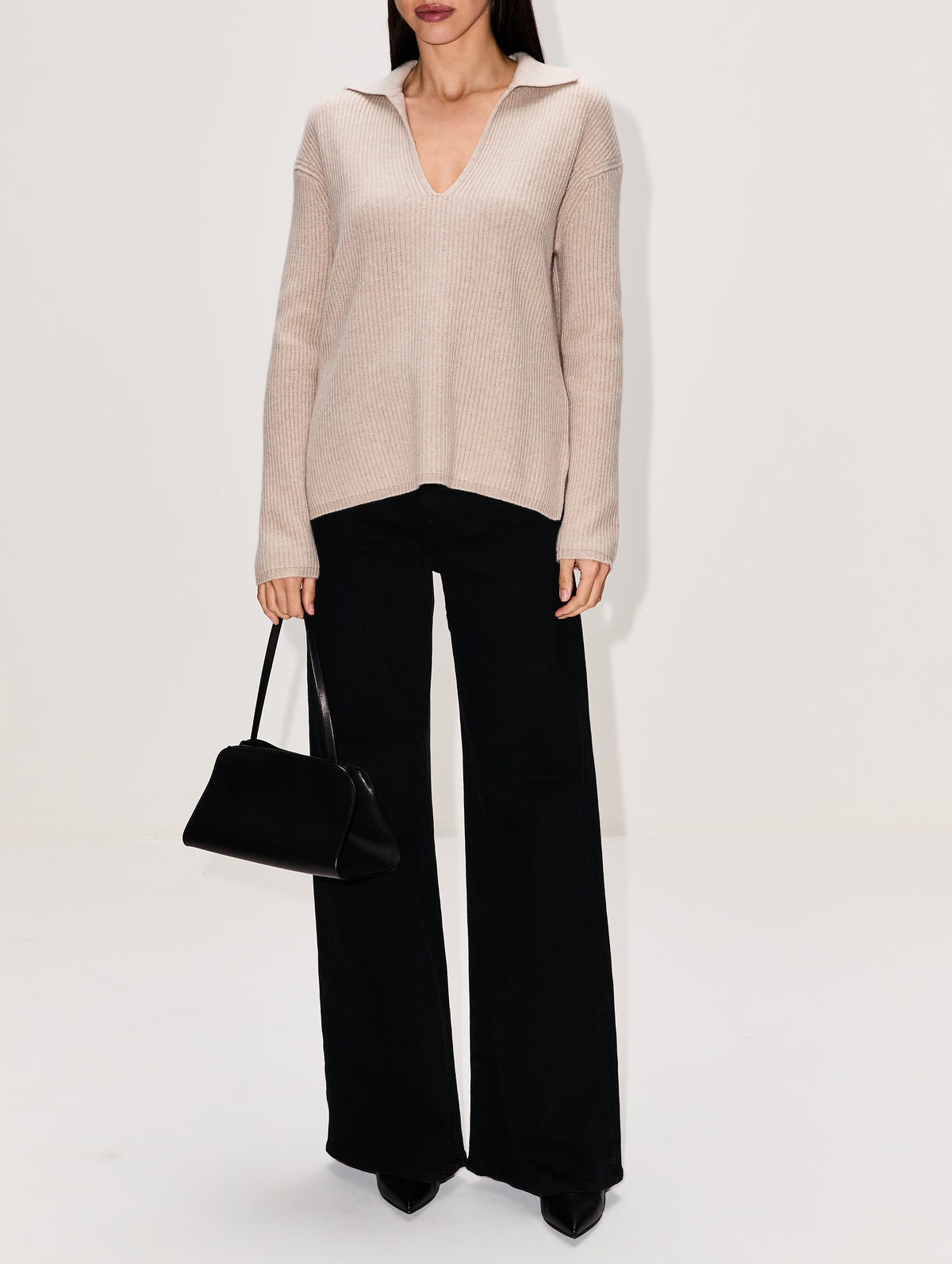 V Neck Collared Sweater,MAX MARA,BEIGE MELANGE,Image 2