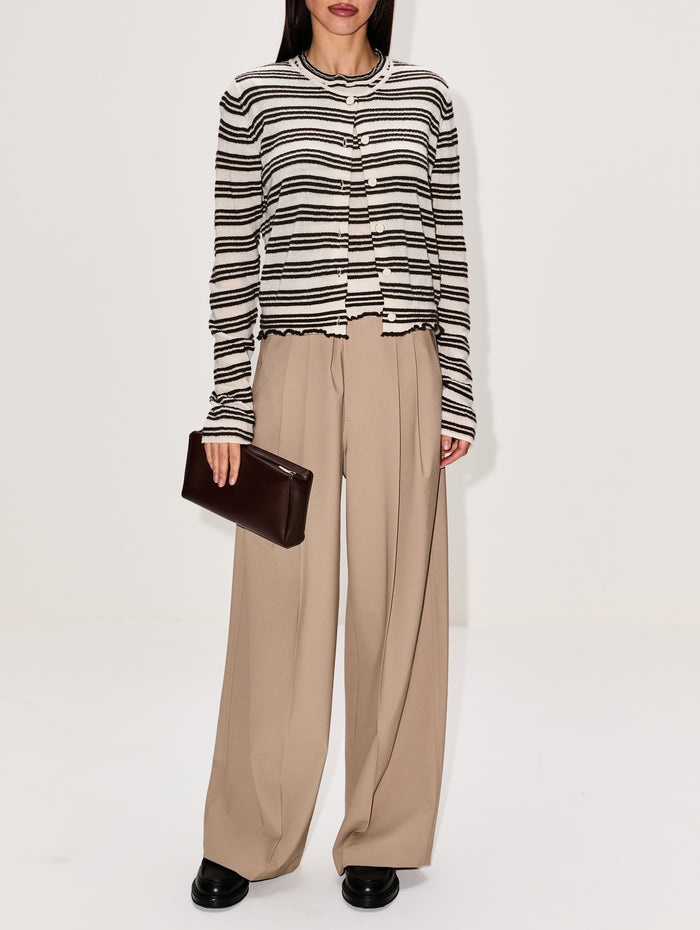 Seersucker Cardigan,BARRIE KNITWEAR,CHANTILLY STRIPES DARK MALT,Image 1