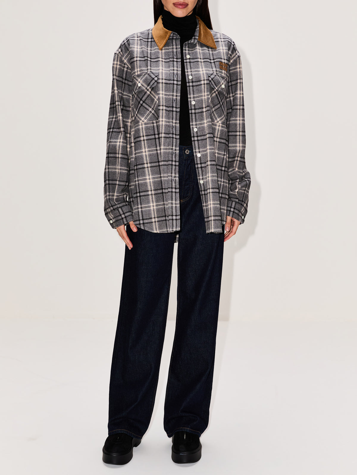 Plaid Flannel Top,MIU MIU,SLATE,Image 2