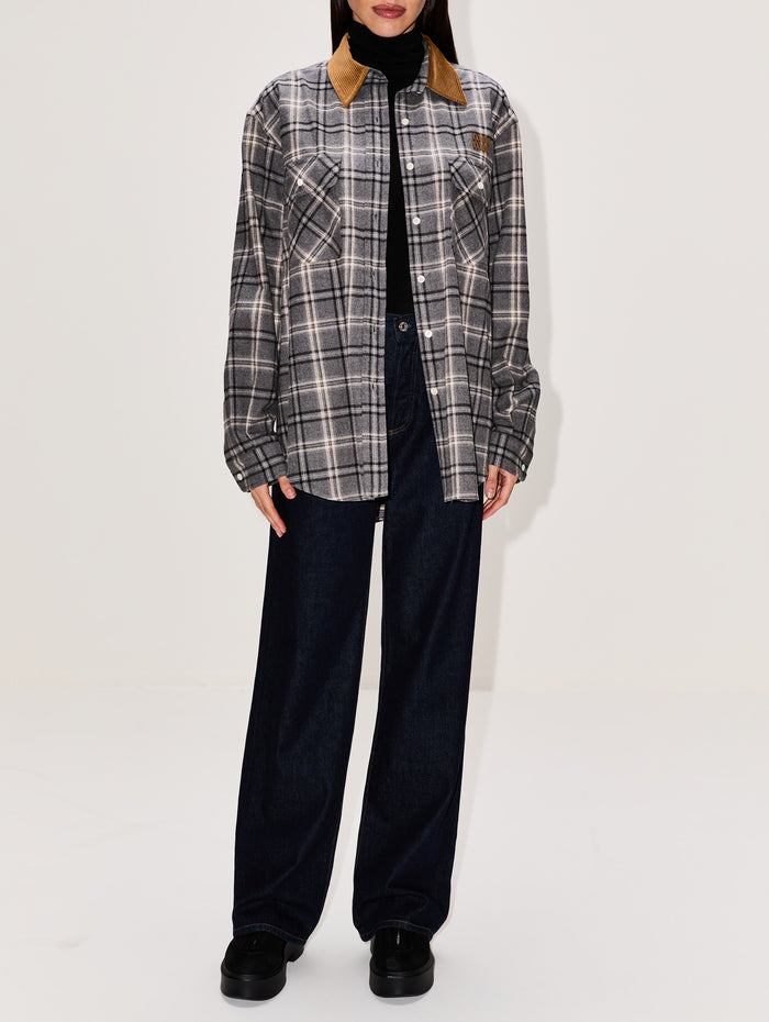 Plaid Flannel Top,MIU MIU,SLATE,Image 1