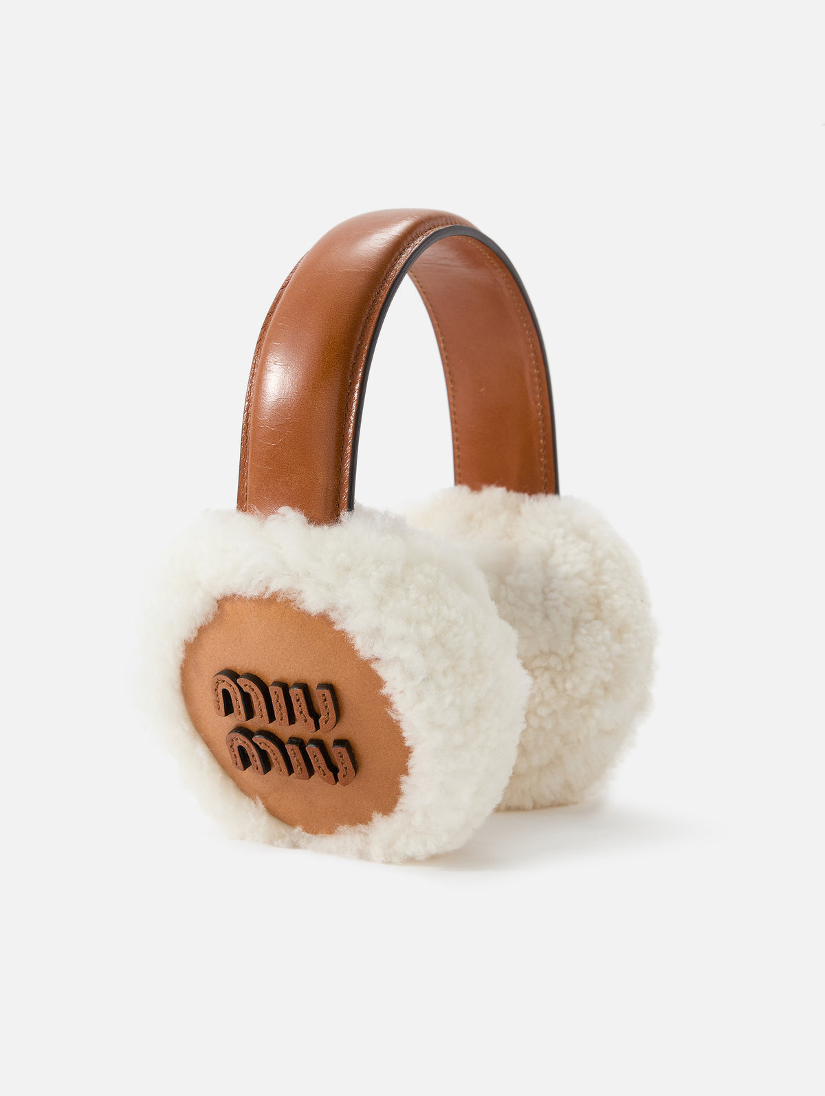 Logo Shearling Ear Muffs,MIU MIU,COGNAC,Image 1