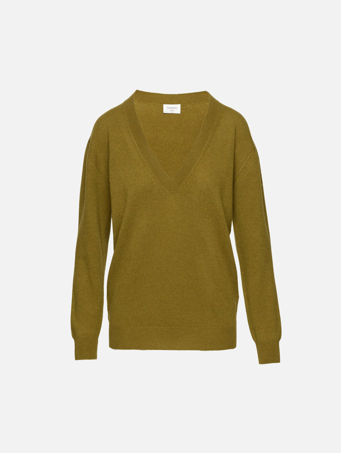 Long Sleeve V Neck Sweater,SAINT LAURENT,OLIVE,Image 1