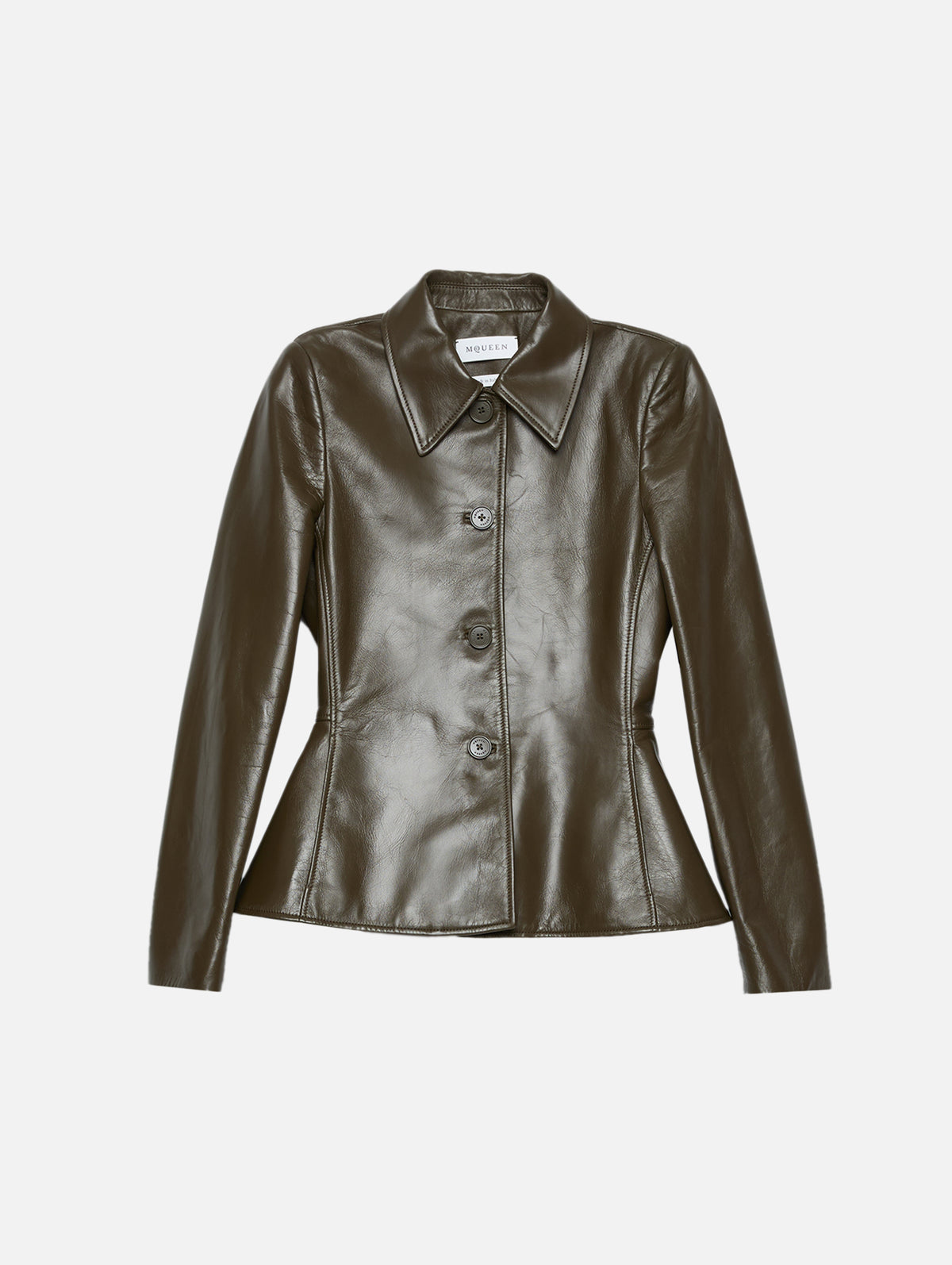 Tailored Peplum Leather Jacket,ALEXANDER MCQUEEN,OLIVE,Image 1