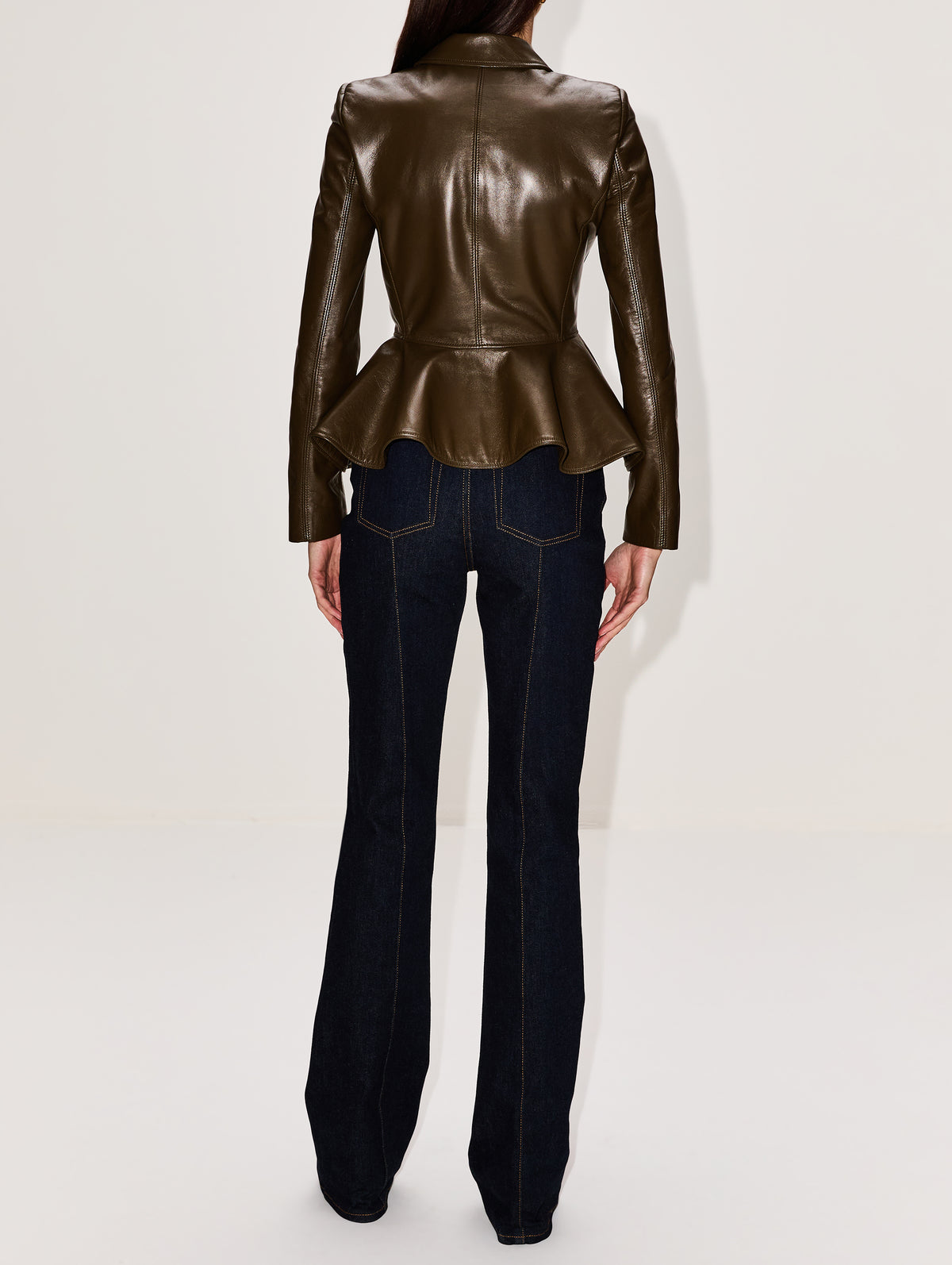 Tailored Peplum Leather Jacket,ALEXANDER MCQUEEN,OLIVE,Image 3