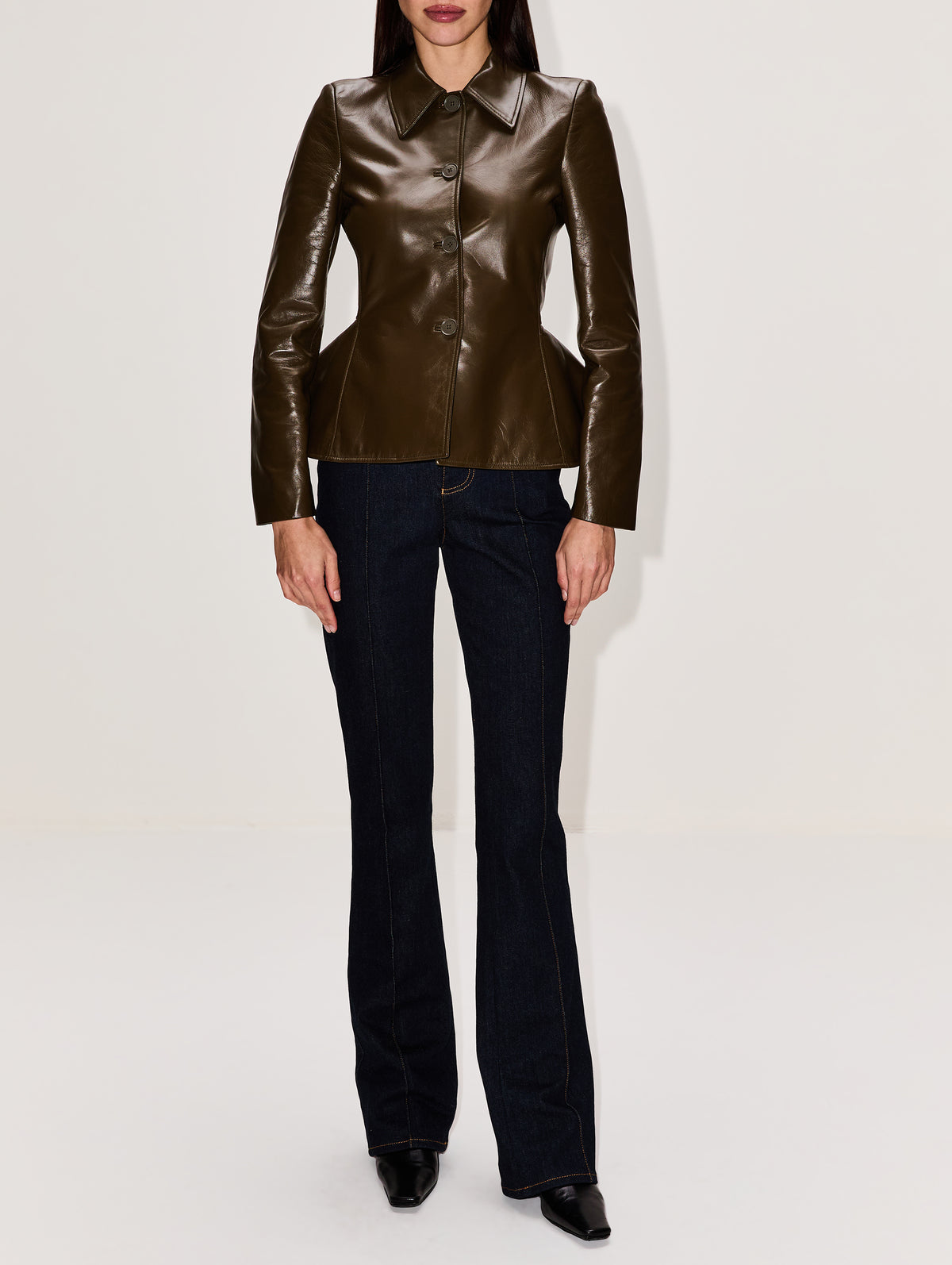 Tailored Peplum Leather Jacket,ALEXANDER MCQUEEN,OLIVE,Image 2