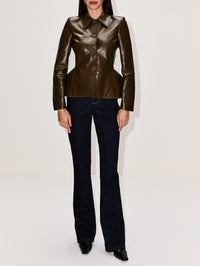 Tailored Peplum Leather Jacket,ALEXANDER MCQUEEN,OLIVE,Image 2