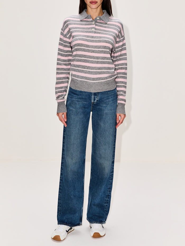 Collegiate Stripe Polo Top,GUEST IN RESIDENCE,HEATHER GREY COMBO,Image 1