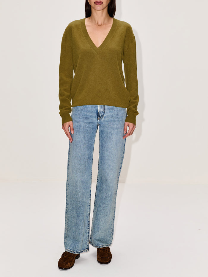 Long Sleeve V Neck Sweater,SAINT LAURENT,OLIVE,Image 1