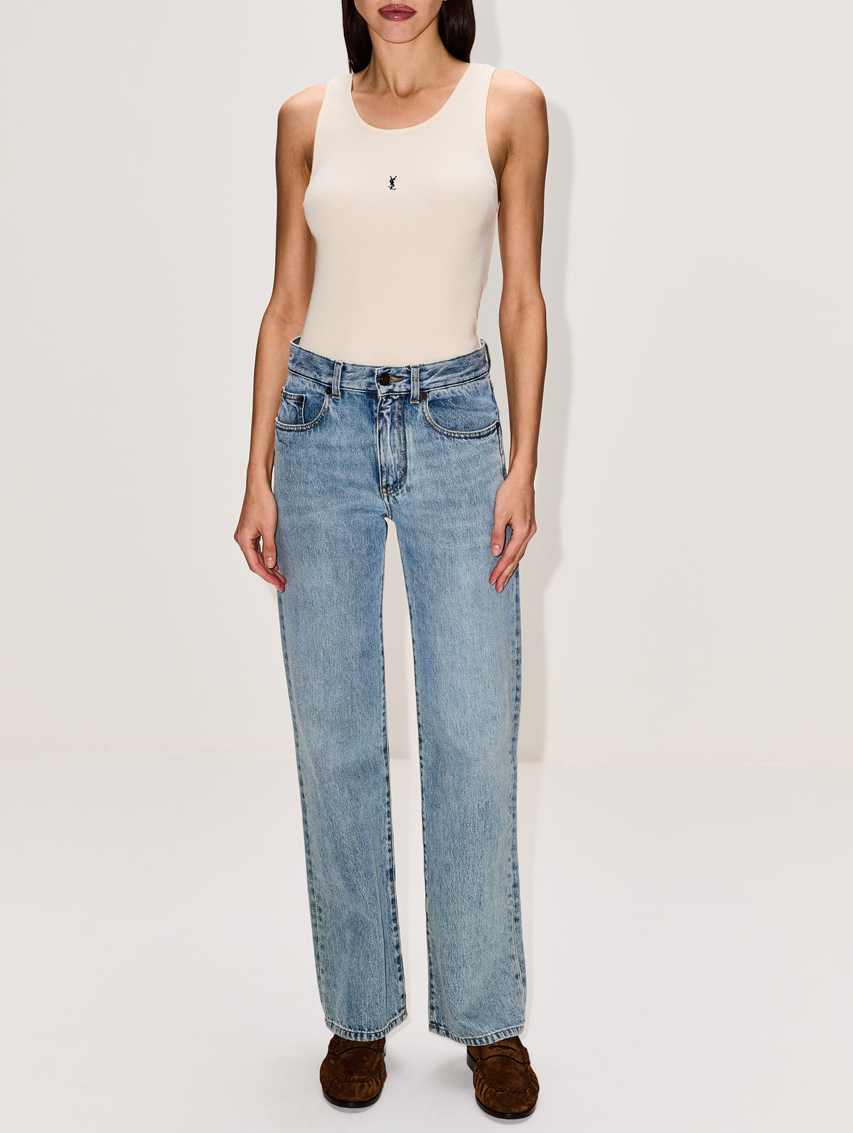 Cassandre Embroidered Tank Top,SAINT LAURENT,NATUREL/BLACK,Image 2