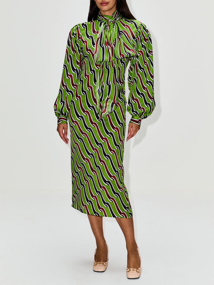 Tie Neck Dress,GUCCI,GREEN/RED,Image 1