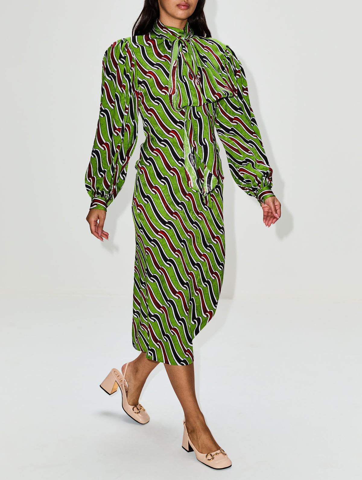 Tie Neck Dress,GUCCI,GREEN/RED,Image 3