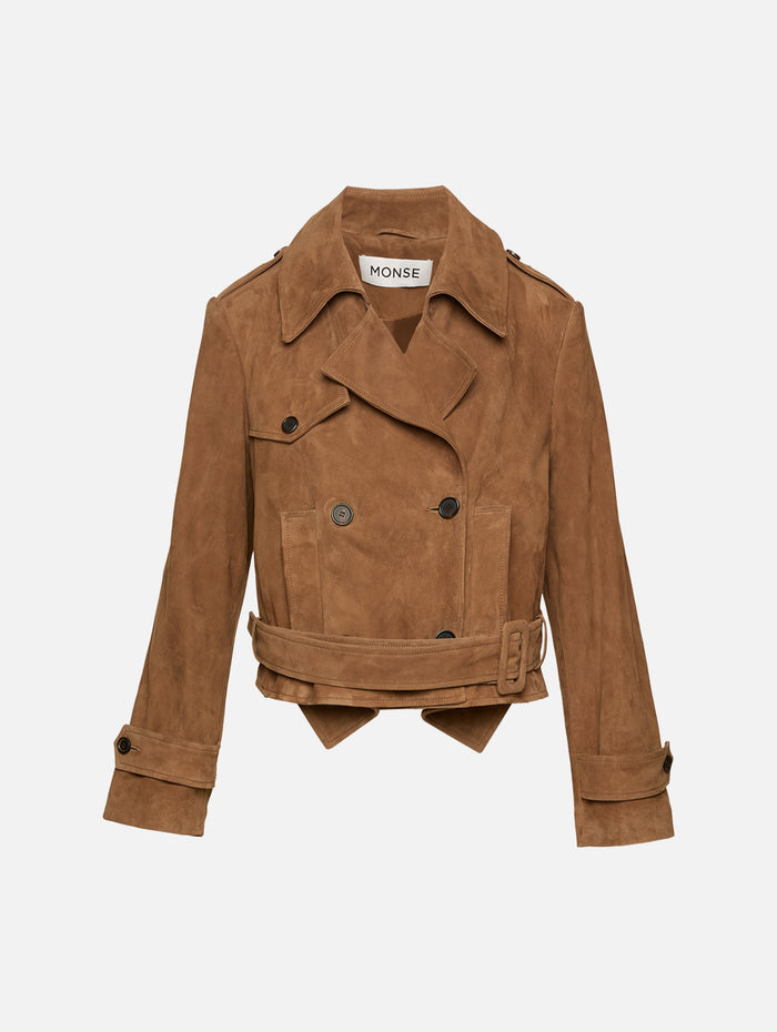 Cropped Leather Trench Coat,MONSE,TAN,Image 1