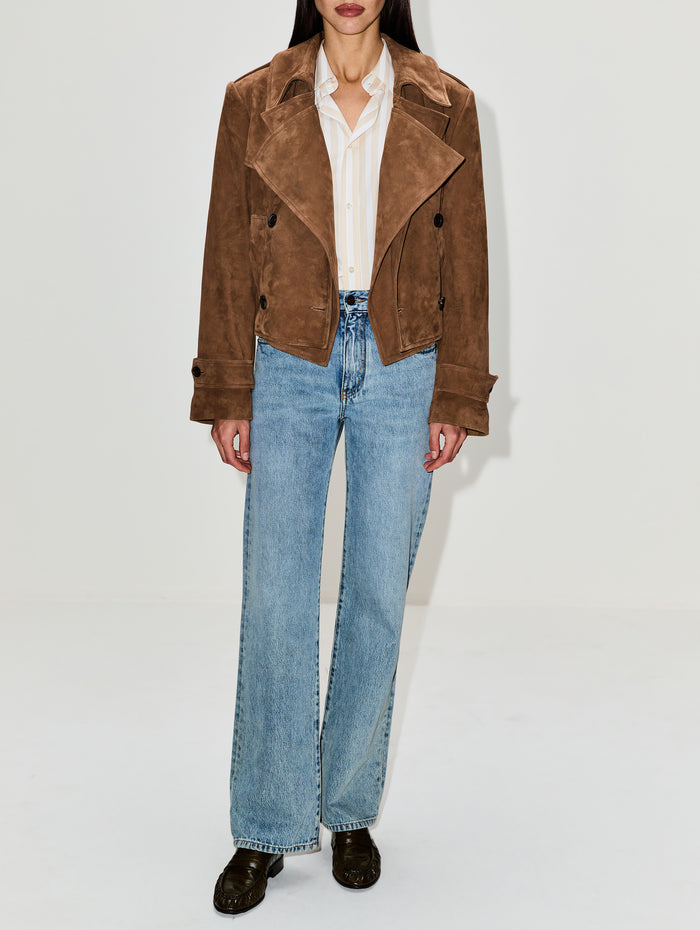 Cropped Leather Trench Coat,MONSE,TAN,Image 1