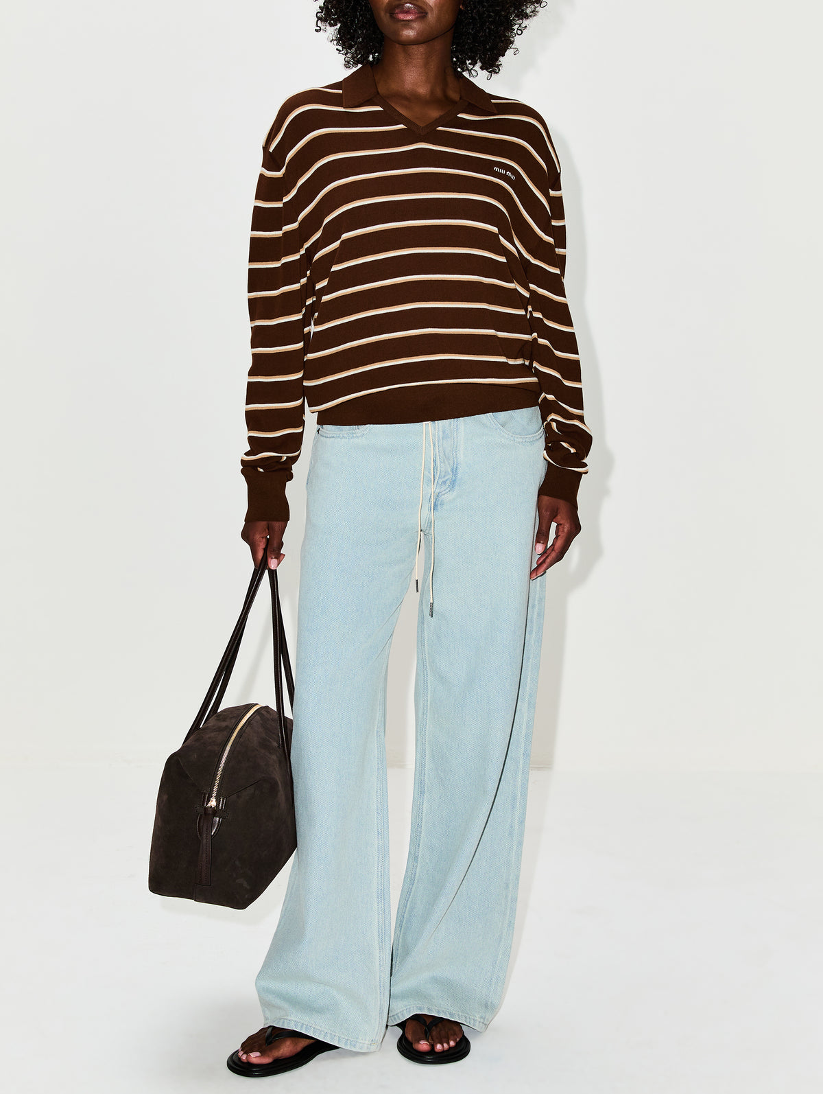 Striped Longsleeve Polo Top,MIU MIU,COCOA BROWN,Image 2