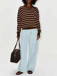 Striped Longsleeve Polo Top,MIU MIU,COCOA BROWN,Image 2