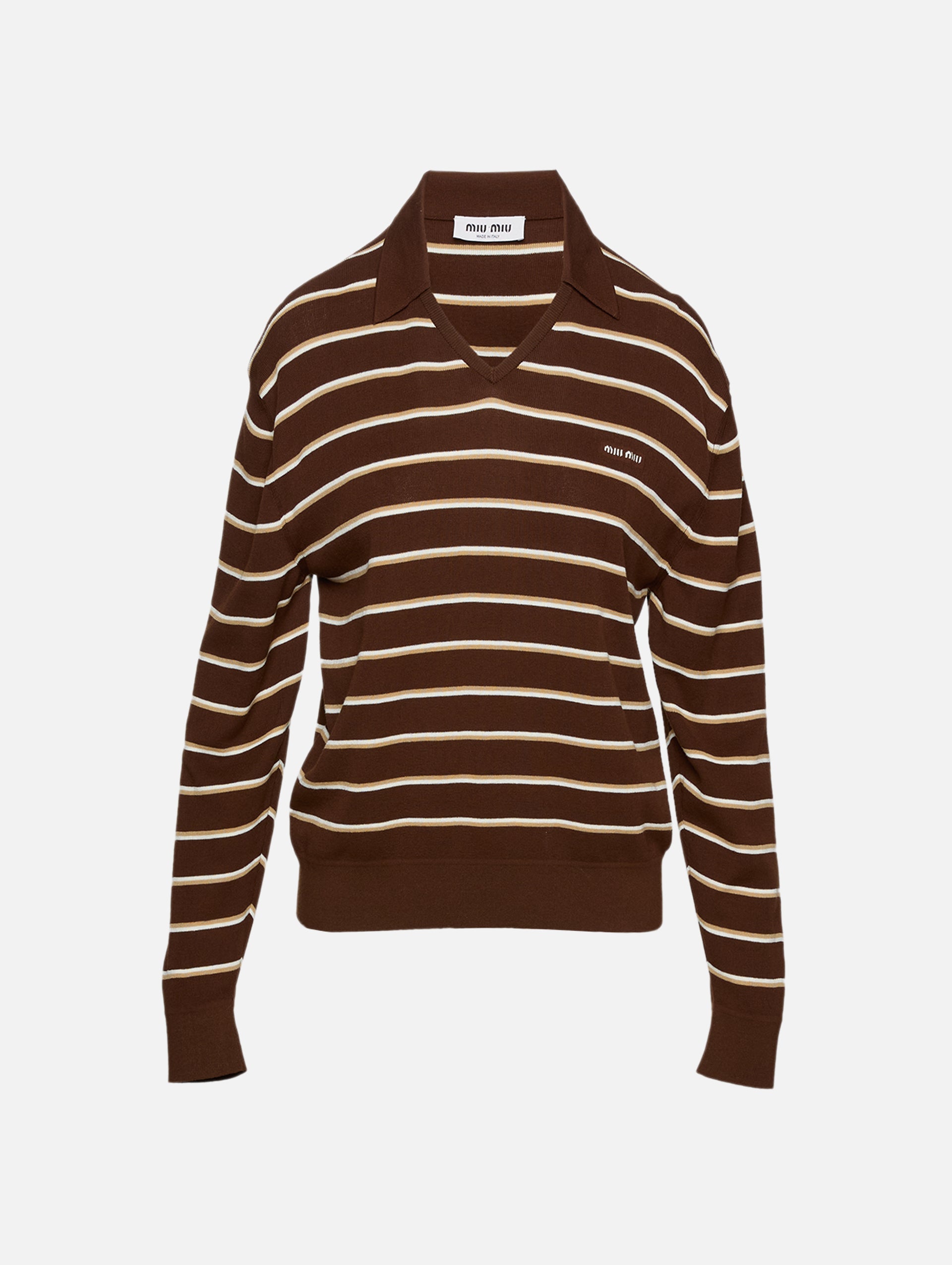 miu miu ブラウン 長袖ポロシャツ Striped Longsleeve Polo Top | MIU MIU | elysewalker