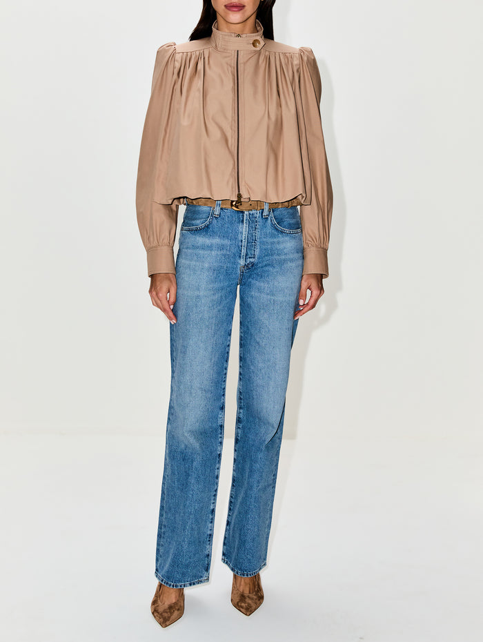 Mock Neck Zip Up Jacket,CHLOÉ,WORN BROWN,Image 1