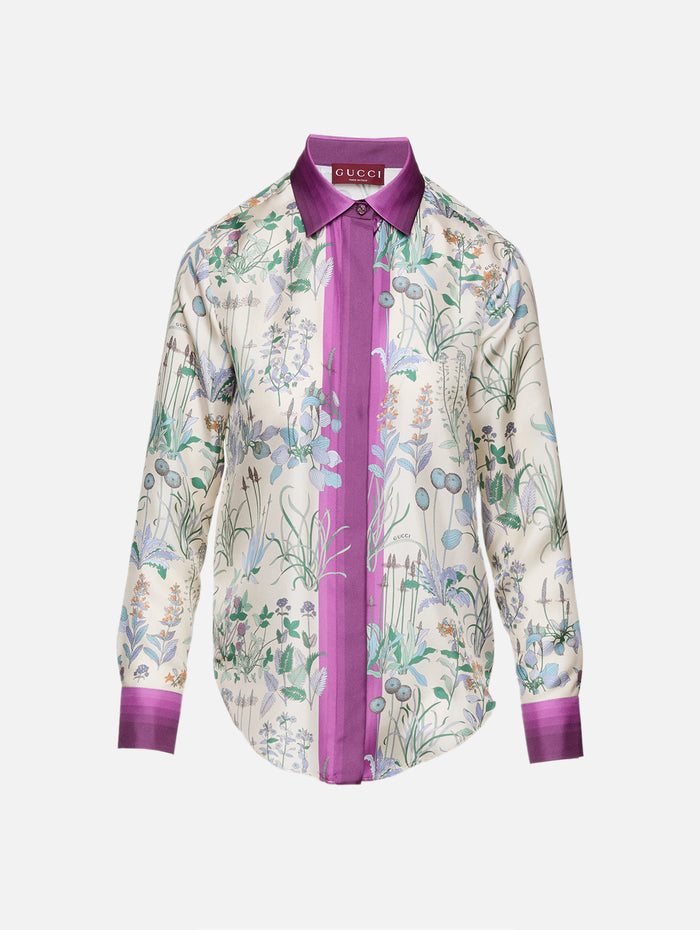 Printed Button Up Blouse,GUCCI,IVORY/PURPLE,Image 1