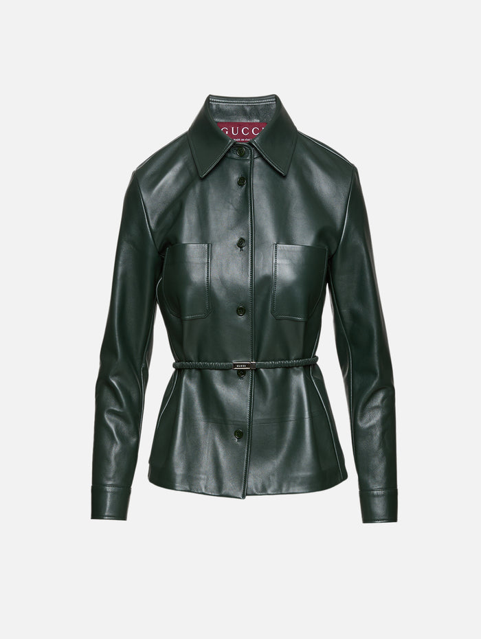 Belted Leather Jacket,GUCCI,EMERALD GREEN,Image 1
