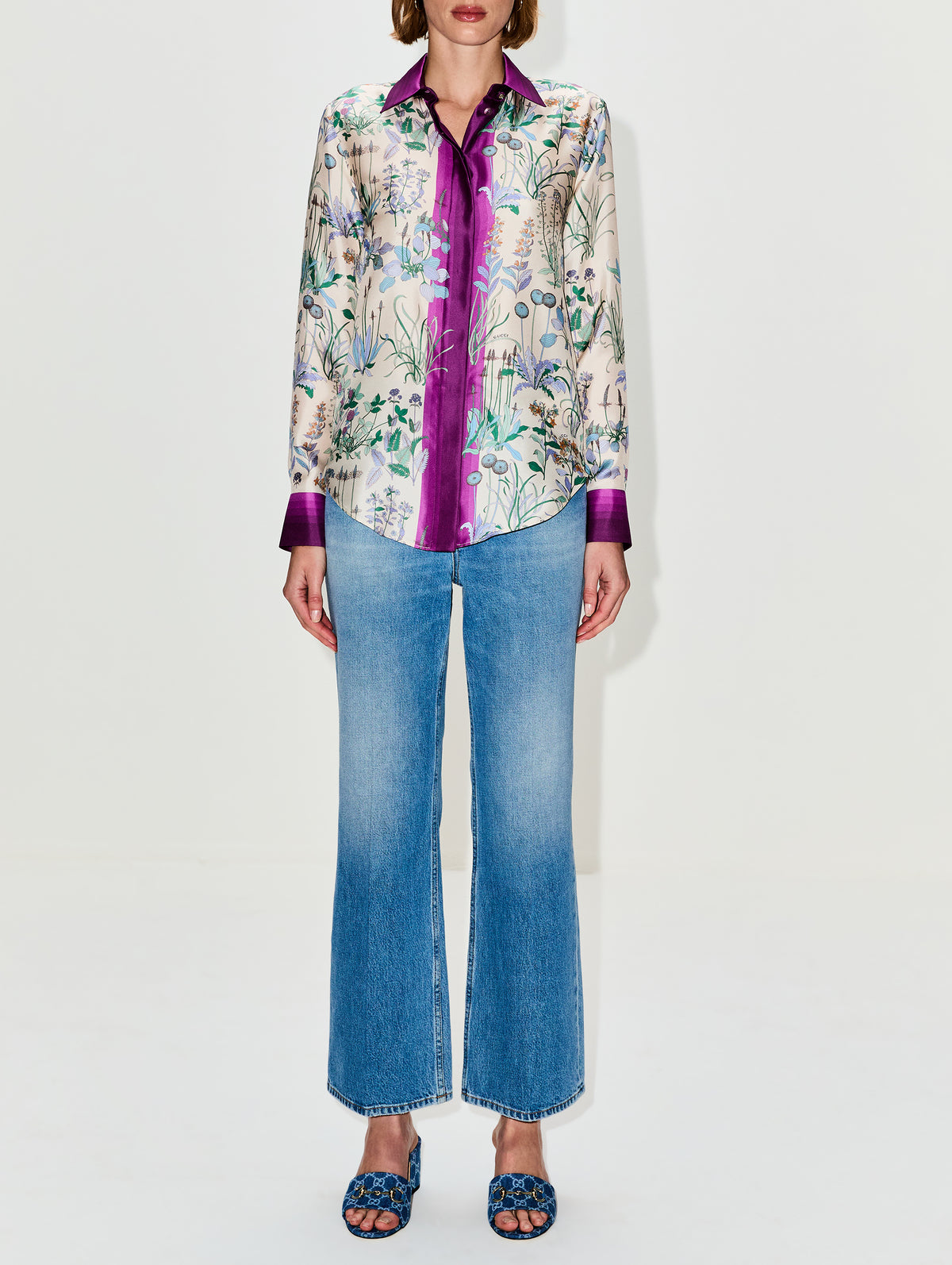 Printed Button Up Blouse,GUCCI,IVORY/PURPLE,Image 2